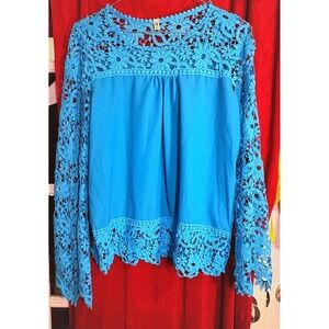 Oioninos Crochet Lace Blouse Women's L Turquoise Good Boho Long Sleeve Top